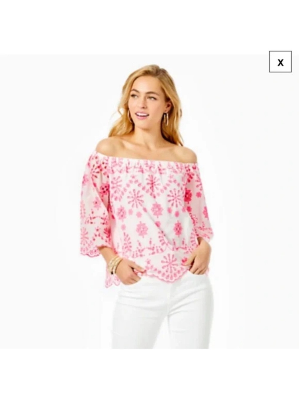 Lilly Pulitzer Hot Pink Off-Shoulder Laurenne Embroidered Peasant Top
